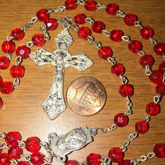 Red glass beaded rosary beads Vintage Autom - Picture 3 of 6